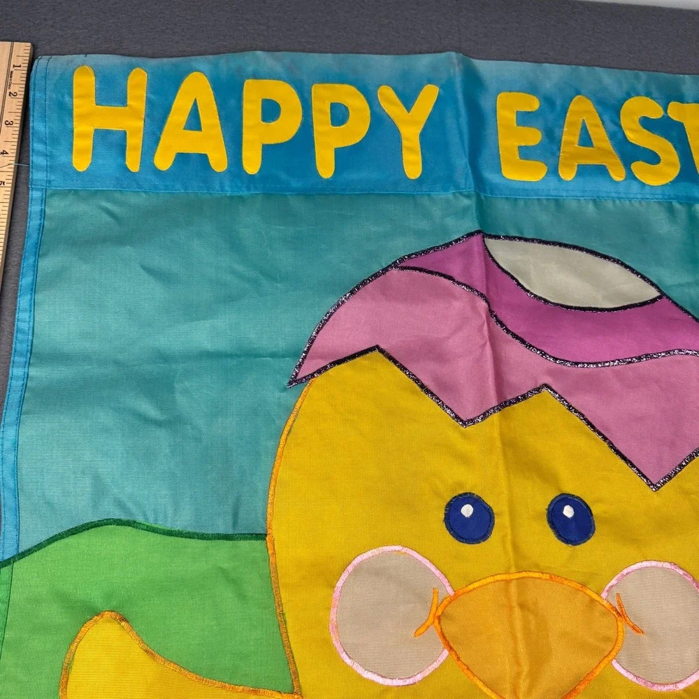 Vtg Happy Easter Chick Chicken Egg Colorful Outdoor Nylon Flag w Metallic Accent